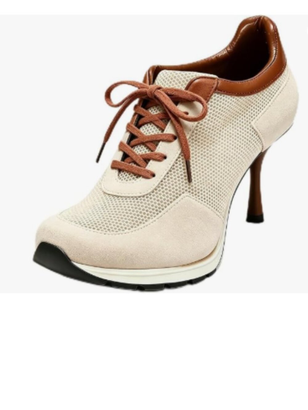 YDN Beige and Brown Lace Up Mesh Pumps Round Toe Sneaker Heels Chic Sporty Shoes